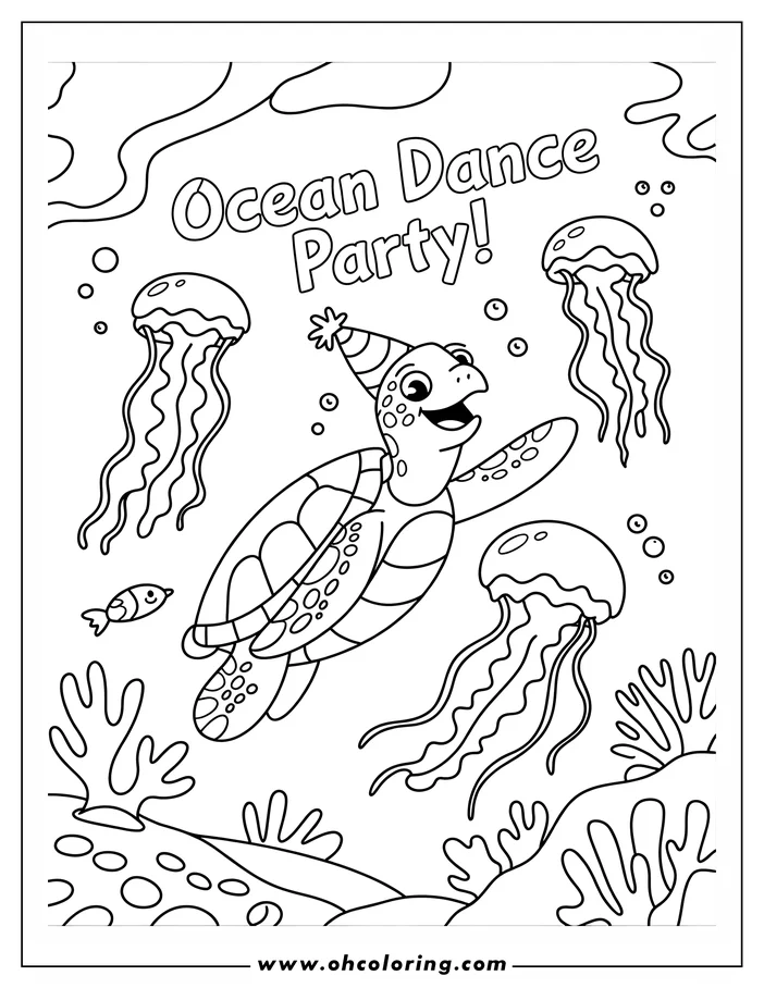 Outline of a cheerful sea turtle wearing a party hat, swimming among jellyfish at an ocean dance party.  A small fish and coral are also visible.