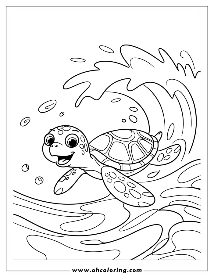 Cartoon sea turtle riding an ocean wave. Bubbles float around the happy turtle as it swims.