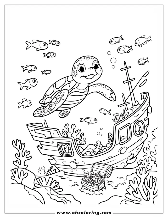 Line art of a sea turtle swimming over a sunken ship with a treasure chest and small fish.