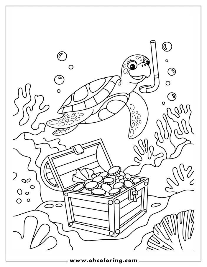 Line art of a sea turtle with a snorkel swimming above a treasure chest on the ocean floor. The chest is open and full of coins. Seaweed and coral surround the scene.