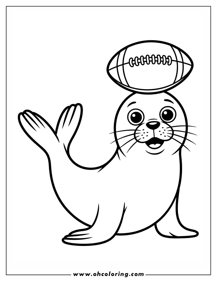 Line art of a seal balancing a football on its head with one flipper raised.