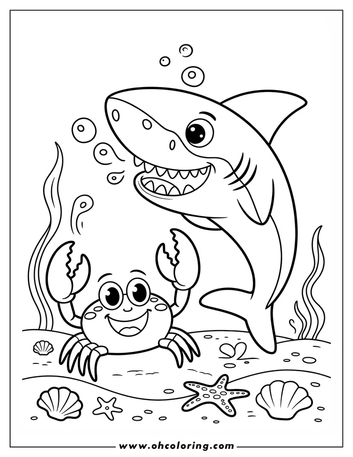 Line art of a smiling shark and a happy crab on the ocean floor, surrounded by seaweed, shells, and starfish.