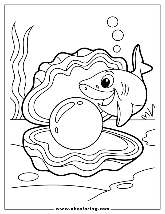 Cartoon shark looking at a pearl inside an open oyster shell underwater.