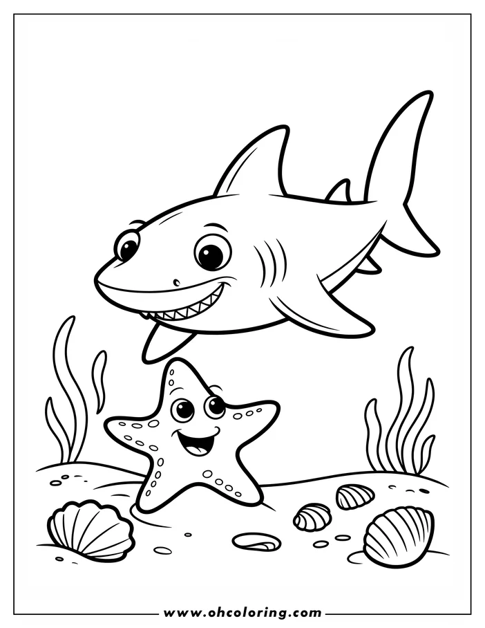 A cartoon shark swims above a smiling starfish on the seabed. Several shells and seaweed are scattered around them.