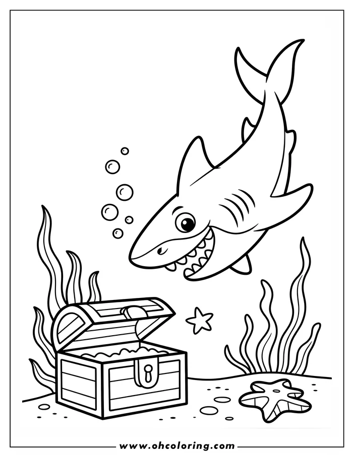 Line art of a cartoon shark swimming over an open treasure chest on the ocean floor. Bubbles float near the shark, and a starfish and seaweed are visible in the background.