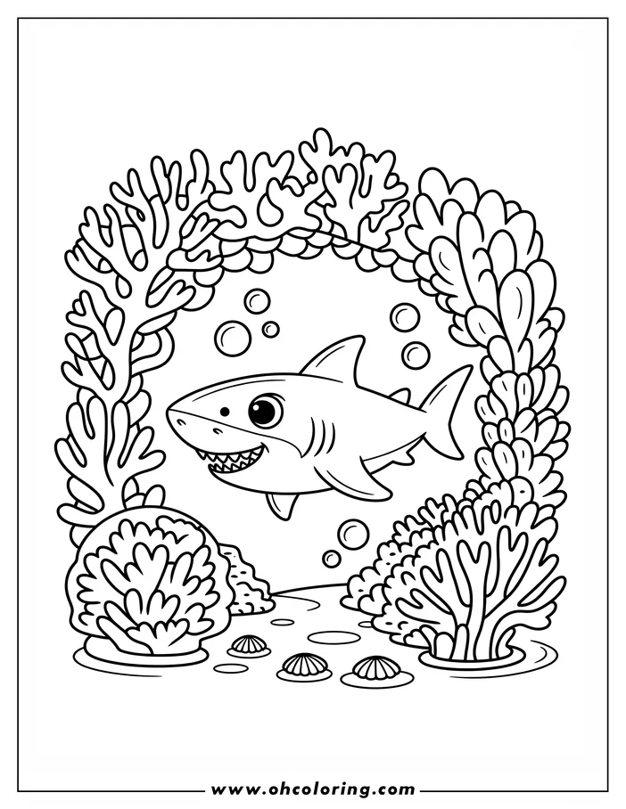 A cartoon shark swimming serenely in a coral reef, surrounded by various types of coral and some small seashells.
