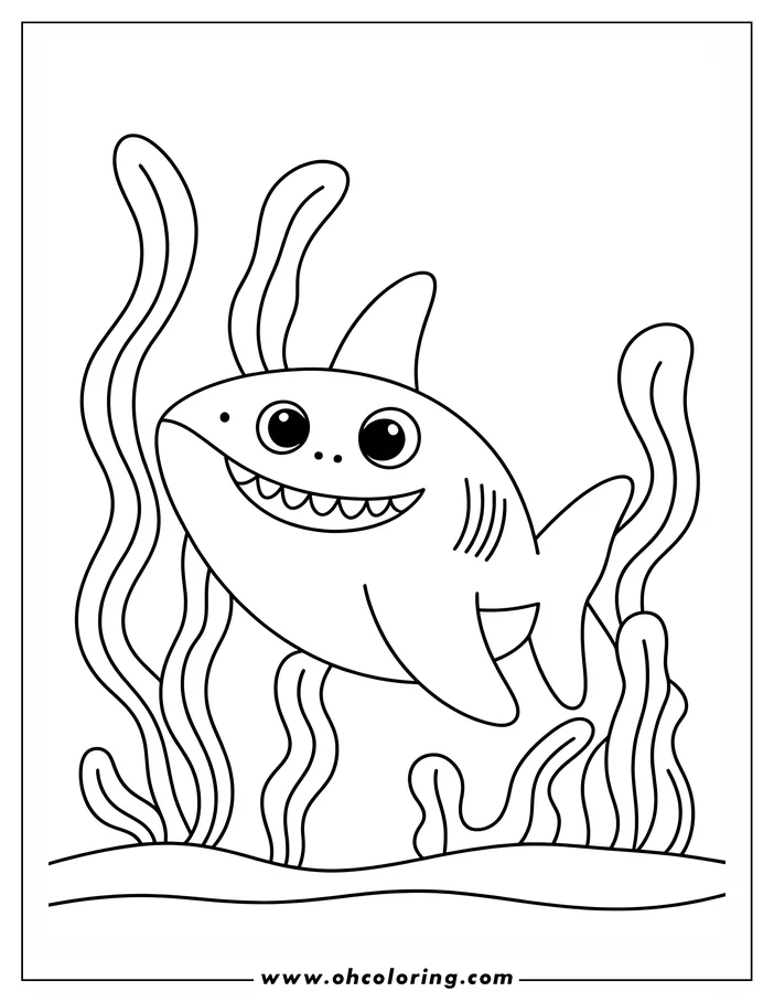 Line art of a smiling shark swimming amongst seaweed on the ocean floor.