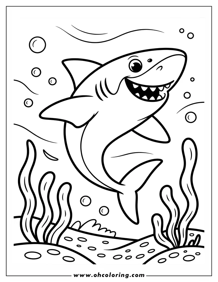 Line drawing of a playful shark swimming underwater. There's seaweed, bubbles and a sandy seabed visible around it.
