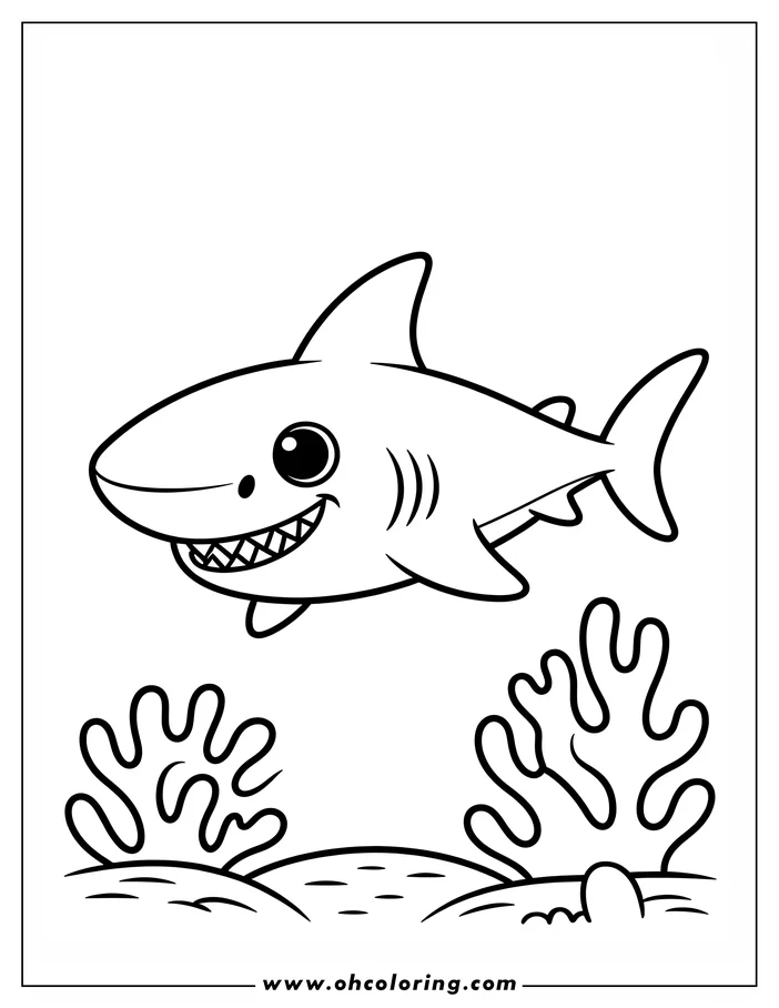 Outline of a cartoon shark with a wide, friendly smile swimming above two clumps of coral on the seabed.
