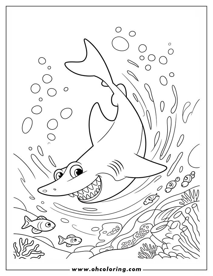 Cartoon shark swimming underwater, surrounded by small fish and coral.