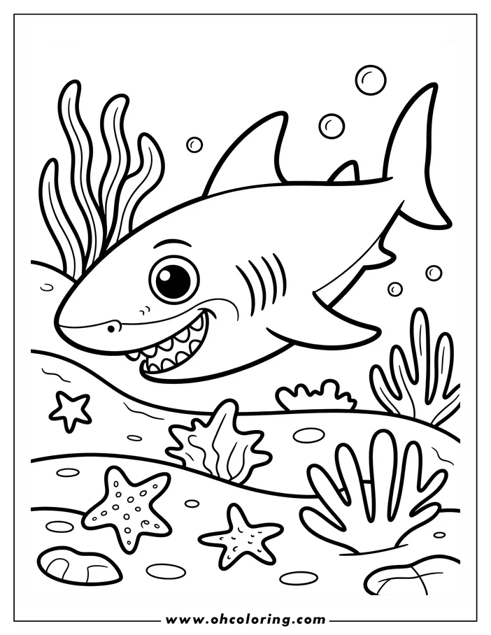 Line art of a cartoon shark swimming underwater, surrounded by starfish and seaweed.