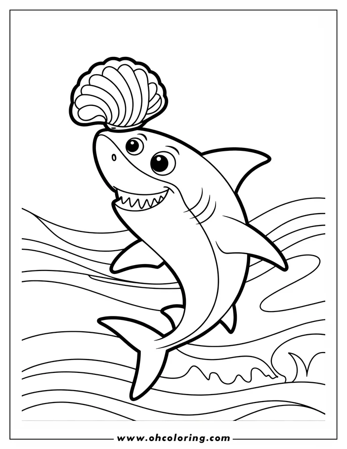 Cartoon shark balancing a seashell on its head while swimming.  Wavy lines suggest it is near the ocean's surface.