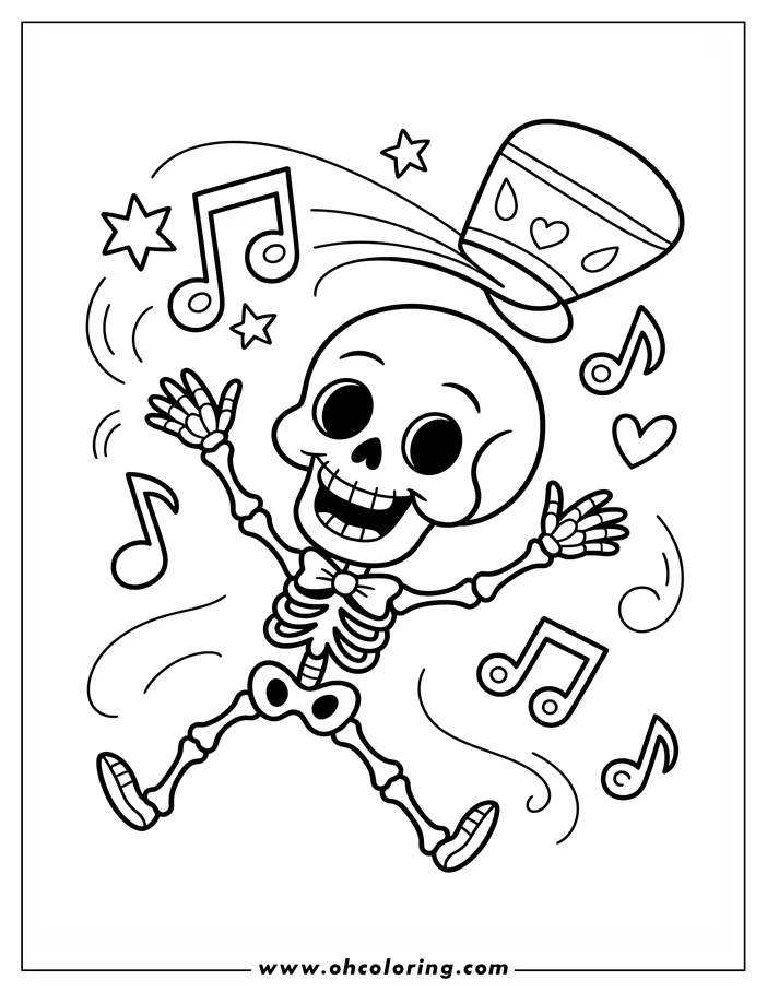 Line art of a cheerful skeleton dancing for Halloween, surrounded by musical notes and a decorated top hat.