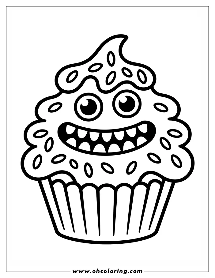 Line art of a smiling cupcake with frosting and sprinkles