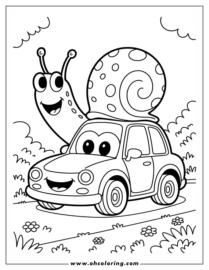 Outline of a smiling snail riding on top of a small, happy car. Flowers and grass are in the foreground.