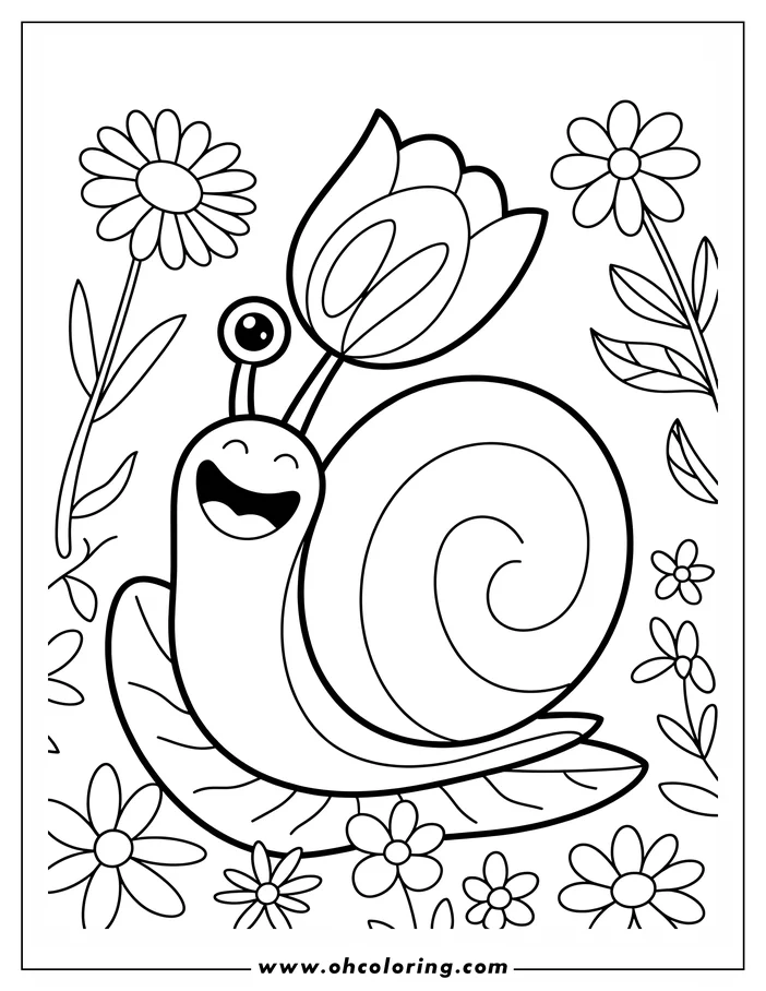 Line art of a happy snail carrying a tulip on its head. The snail sits on a large leaf, surrounded by daisies and other simple flowers, creating a cheerful, garden-themed coloring page design.