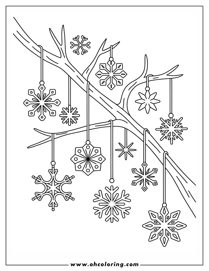 Line art of a bare branch decorated with hanging snowflakes of diverse patterns, creating a winter scene ideal for coloring.