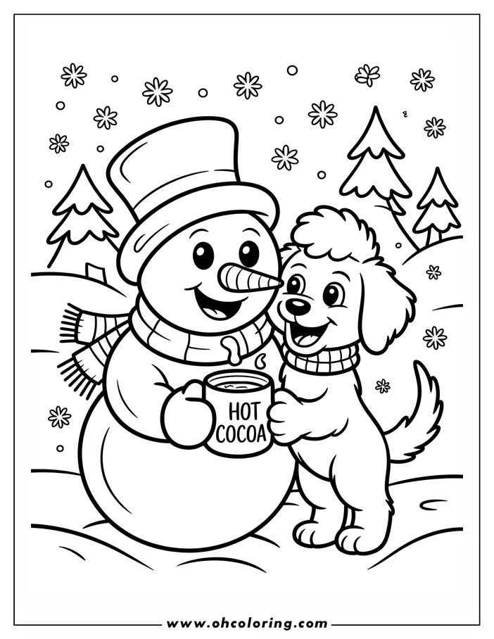 Line art of a snowman and a dog sharing hot cocoa on a snowy day, with fir trees and snowflakes in the background. This is a coloring sheet design.