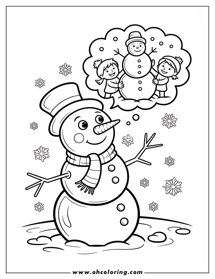 Line art of a snowman daydreaming about playing with children. The snowman wears a top hat and a striped scarf and stands in the snow with snowflakes falling around it. In a thought bubble above the snowman, two children hug a snowman. This drawing is designed as a coloring sheet.