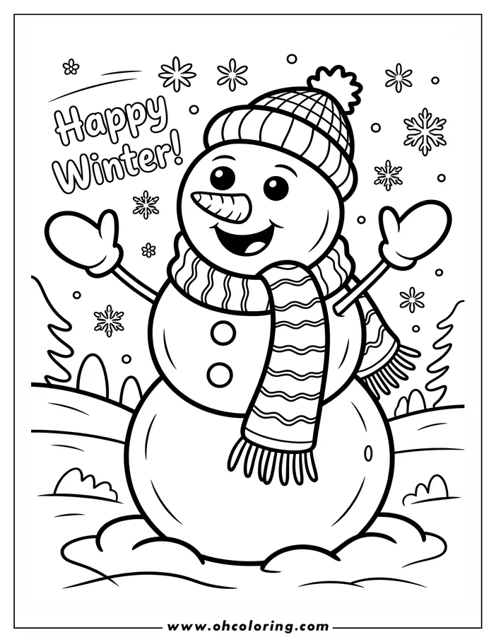 Line art of a snowman wearing a hat, scarf, and mittens, standing in a snowy landscape with snowflakes falling. This is a coloring sheet design ready to be printed and colored.
