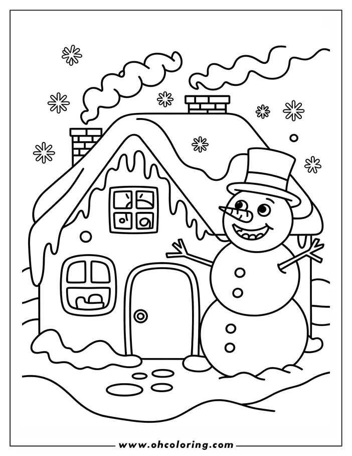 Line art of a snowman near a cozy house. The snowman wears a top hat, has a carrot nose and stick arms. Smoke curls from the house's chimneys, and snowflakes fall around them.  It's a winter scene designed for coloring.