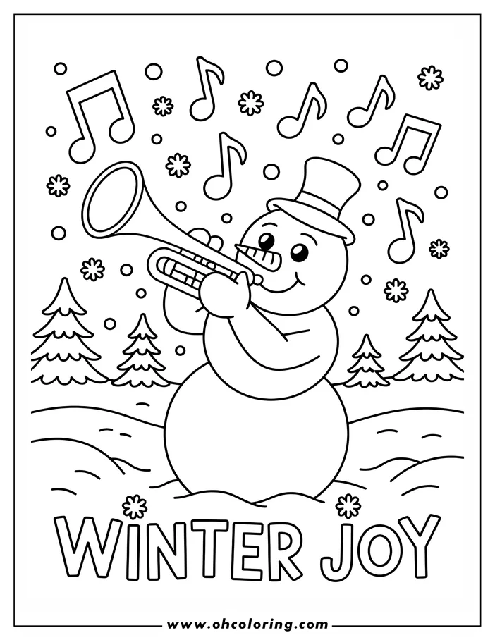 Line art of a snowman playing a trumpet, surrounded by musical notes and snowflakes. He wears a top hat and has a carrot nose, with two pine trees in the snowy background. This is a design for a coloring sheet.