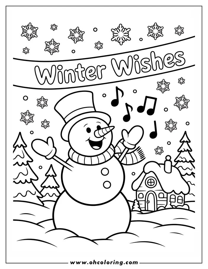 Line art of a cheerful snowman singing, with musical notes floating around him. He wears a top hat, scarf, and mittens, and stands near a small, snow-covered house in a snowy landscape. The design is a coloring sheet suitable for printing.