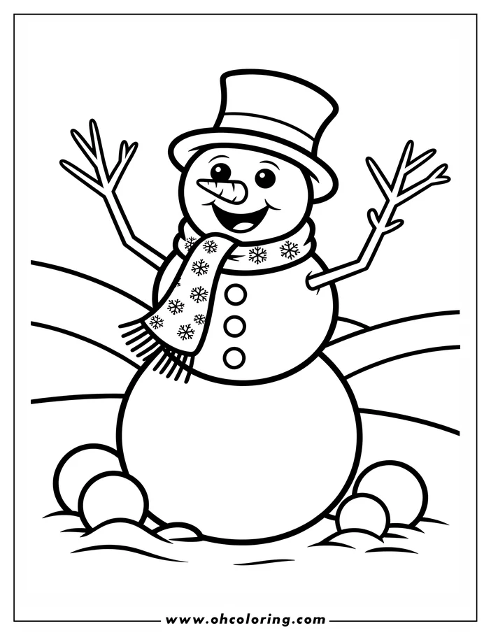 Line art of a friendly snowman waving. It wears a top hat and a scarf with snowflakes.  The simple design includes a carrot nose, coal buttons, and snowballs at the base. Perfect for a winter coloring sheet.