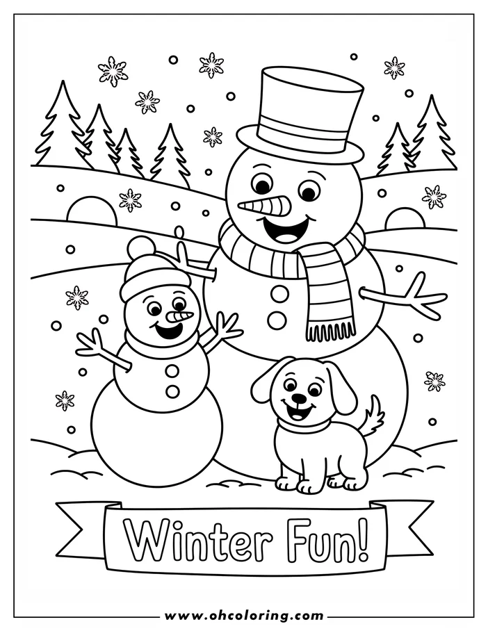 Line art depicting a winter scene with two snowmen and a puppy. The larger snowman wears a top hat and scarf, the smaller one a winter hat, and the puppy has a collar. Pine trees and falling snowflakes complete the scene. This coloring sheet design is perfect for winter-themed activities.