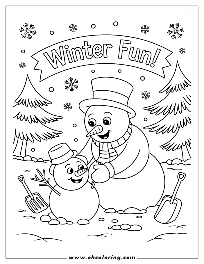 Line art of two snowmen in a snowy landscape. A larger snowman wearing a top hat and scarf builds a smaller snowman. Shovels and pine trees are also present in this winter coloring sheet design.
