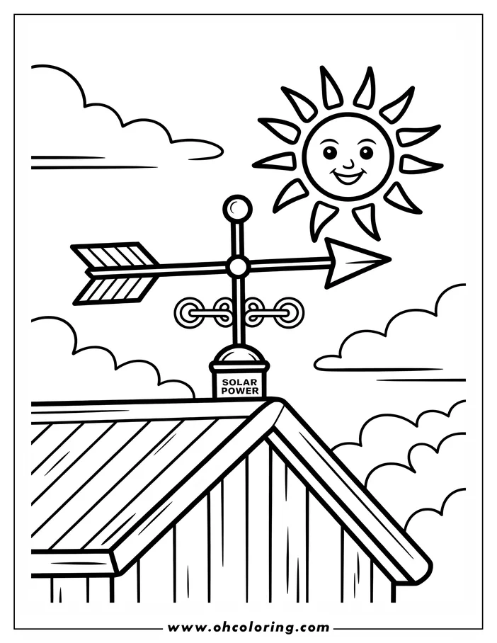 Line art of a house with solar panels on its roof and a weather vane on top. Clouds and a smiling sun are in the background, creating a cheerful scene for coloring.