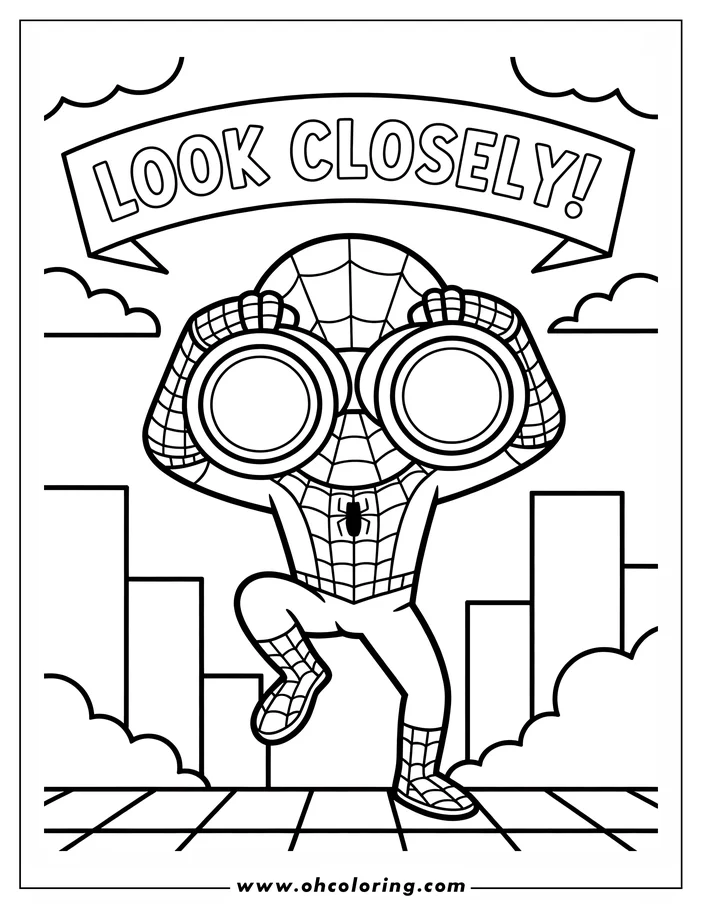 Line art of Spider-Man holding binoculars to his eyes, standing in a dynamic pose against a cityscape backdrop.