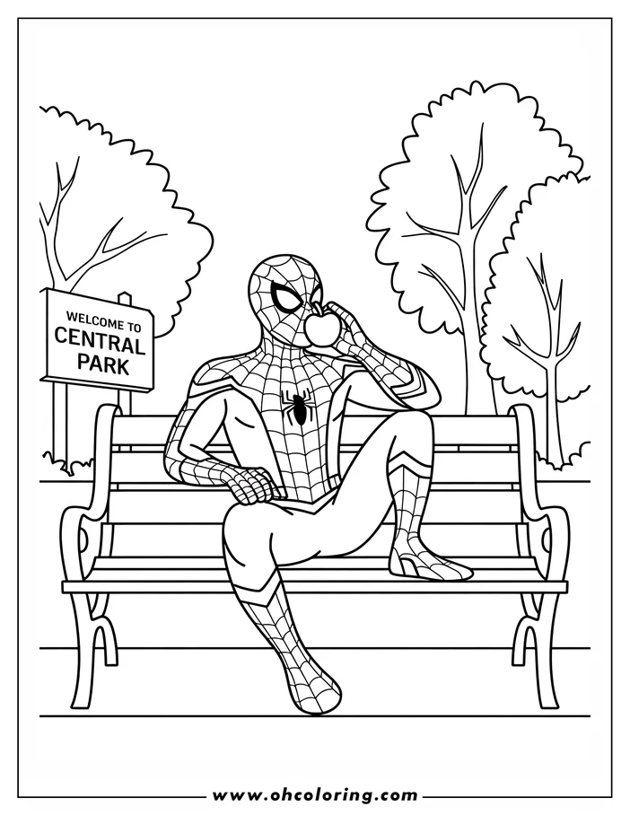 Line art of Spider-Man sitting on a bench in Central Park, eating an apple.