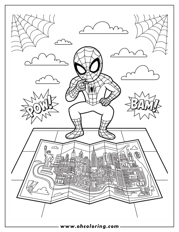 Line art of Spider-Man crouching over a map of New York City. He points towards the map. Clouds and spider webs float above.
