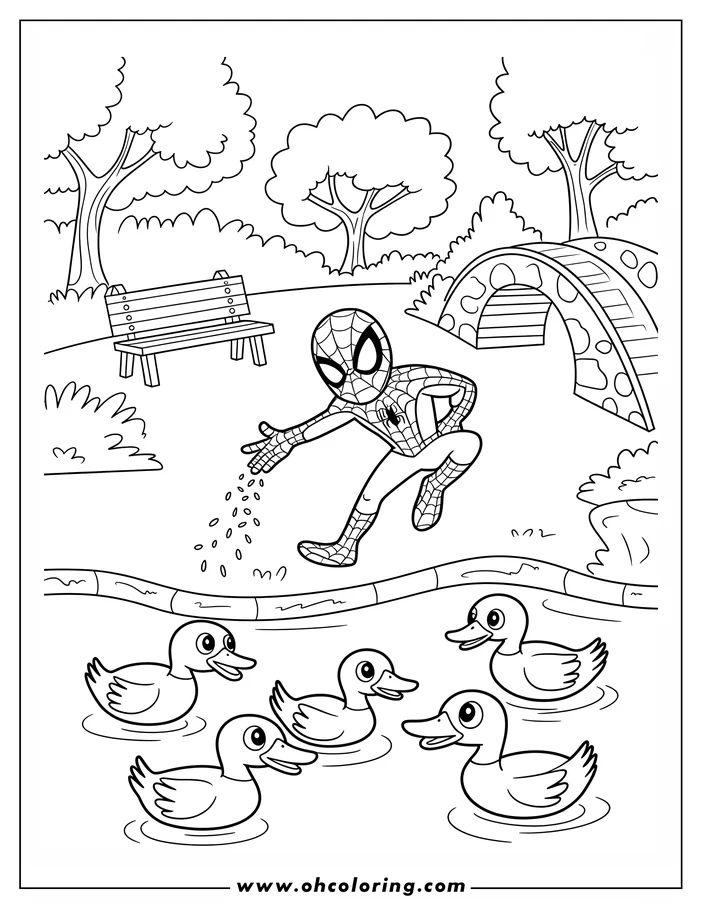 Spider-Man feeding a group of ducklings in a park pond.