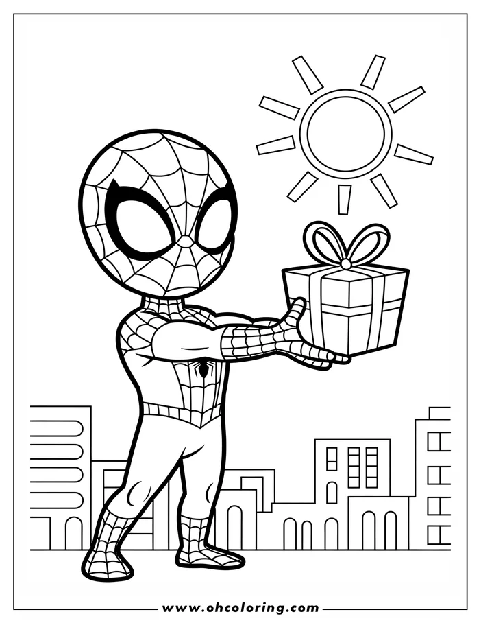 Spider-Man holds out a gift, possibly for a birthday or holiday celebration.