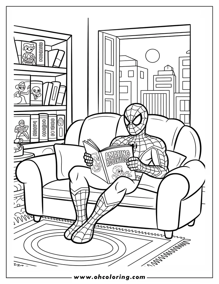 Spider-Man relaxes on a sofa reading a comic book in his living room. A bookshelf and a city view through the window are visible.