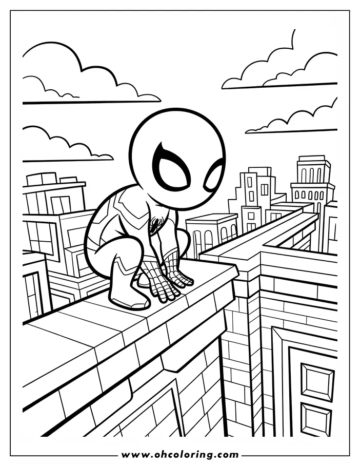 Line art of Spider-Man crouching on a rooftop, overlooking a city skyline.