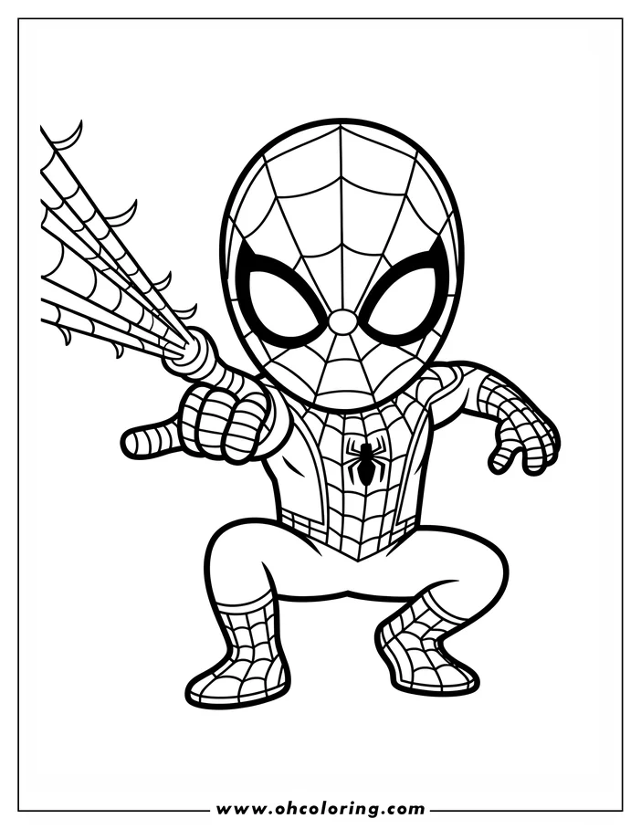 Spider-Man crouches as he aims and shoots a web from his wrist.