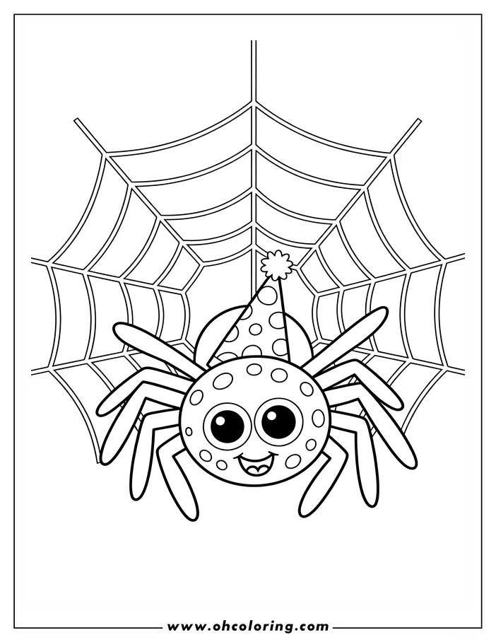 Line art of a spider hanging in its web with a party hat.