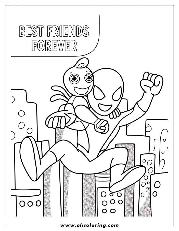 Outline of Spiderman leaping over city buildings with a friend on his back
