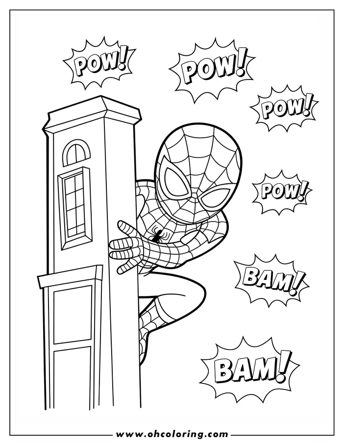 Spiderman gripping the side of a building, climbing upwards. He's wearing his signature suit and action words like 'Pow!' and 'Bam!' surround him.