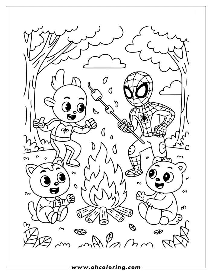 Line art of Spiderman, a deer, a cat, and a bear happily roasting marshmallows around a campfire in a wooded area. The friendly group enjoys a fun camping adventure together.