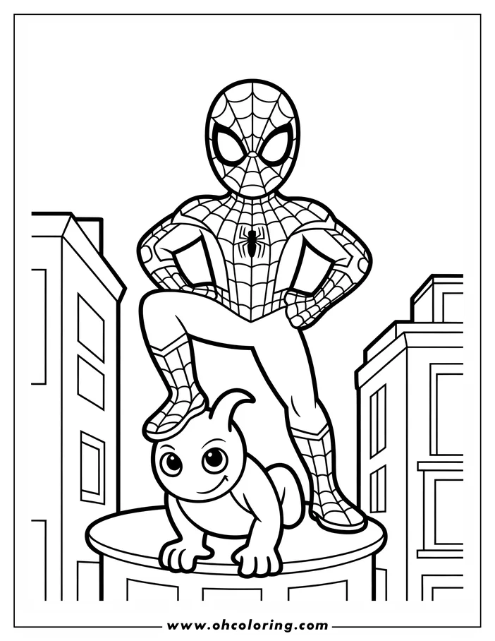 Line art of Spider-Man standing on a building with a small alien, set against a cityscape backdrop.