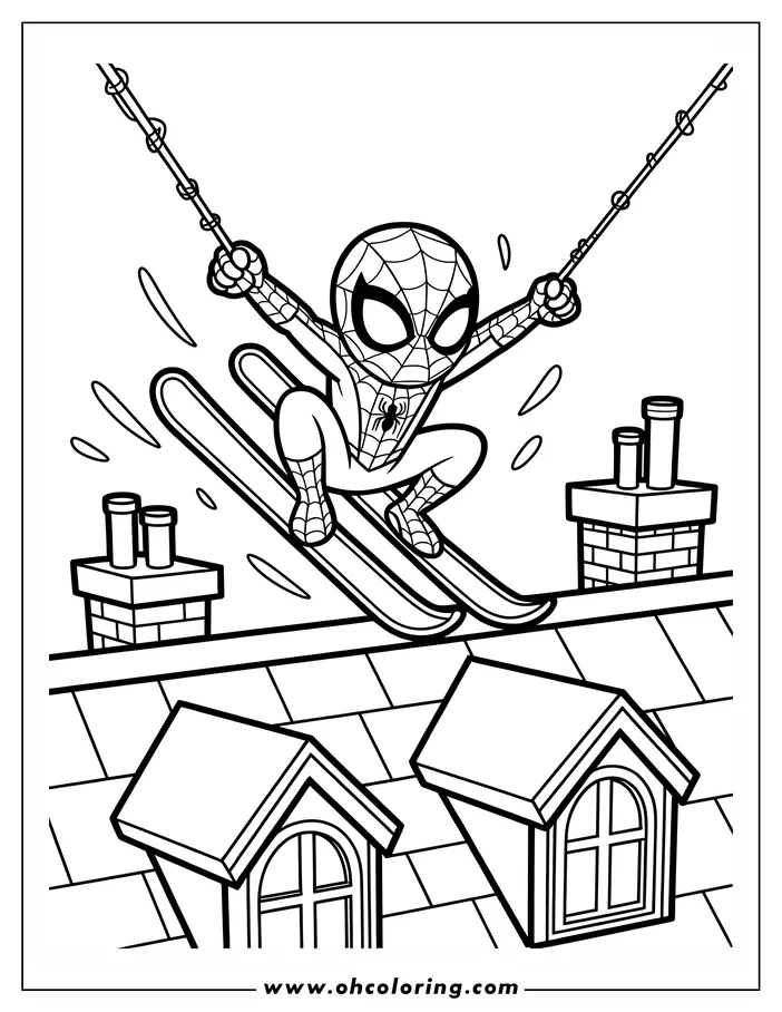 Spider-Man is skiing on a rooftop using his webs as ropes. The superhero balances on skis as he glides over the angled shingles of the building.