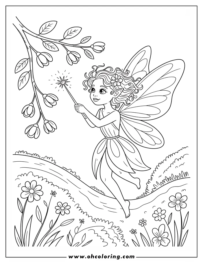 Line art of a spring fairy with large wings holding a magic wand towards a flowering branch. She hovers above a field of flowers. Design for a coloring page.