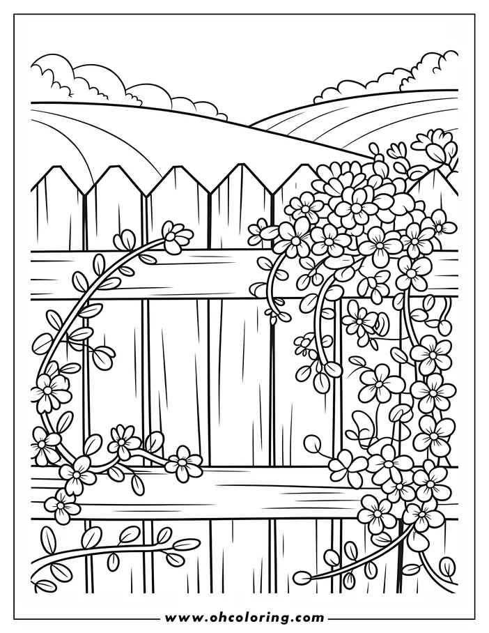Line art of spring flowers climbing a wooden fence. The simple, rounded flowers and leaves twine around the fence pickets. A rolling landscape and cloudy sky create a peaceful backdrop in this coloring sheet design.