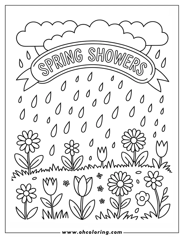 Coloring page depicting a cheerful spring scene.  A cloud releases gentle raindrops onto a patch of grass where tulips and daisies are growing. The scene is a simple, outlined design perfect for coloring.