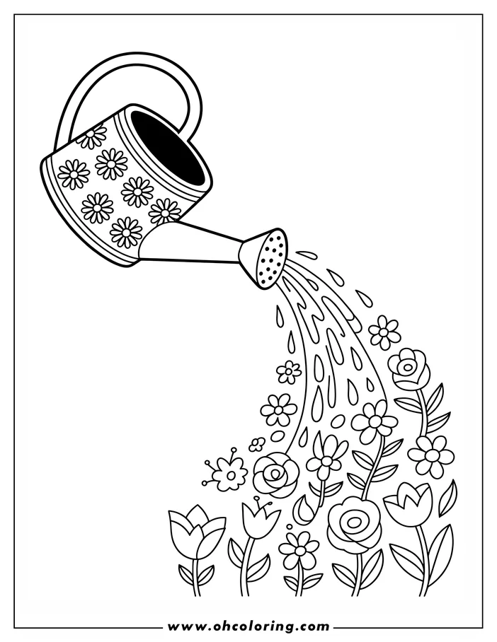 Line art of a watering can pouring water onto spring flowers, including tulips and roses. The watering can has a daisy pattern, and the water arcs down towards the flowers below, which are drawn in a simple outline style ready for coloring.