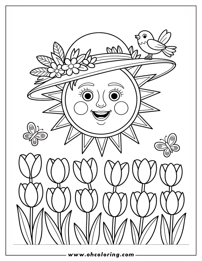 Line art of a smiling sun wearing a flowered hat, with a small bird perched on the brim.  Butterflies flit around the sun, which shines over a row of tulips below. This is a drawing for a coloring page.